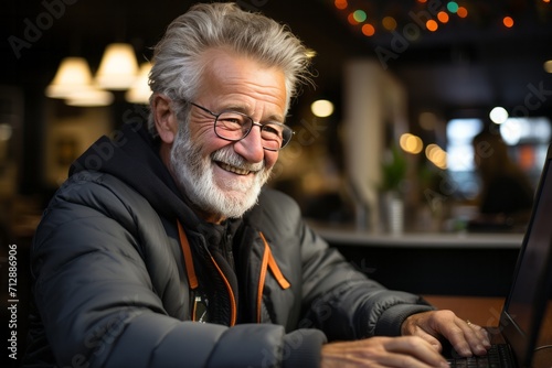 Grandfather in his cozy home office, wearing glasses and working diligently on his laptop, Generative AI