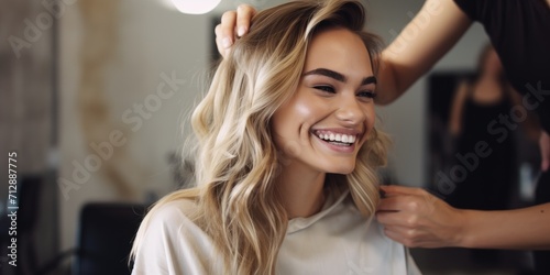 Female hairdresser is fixing hair of smiling woman