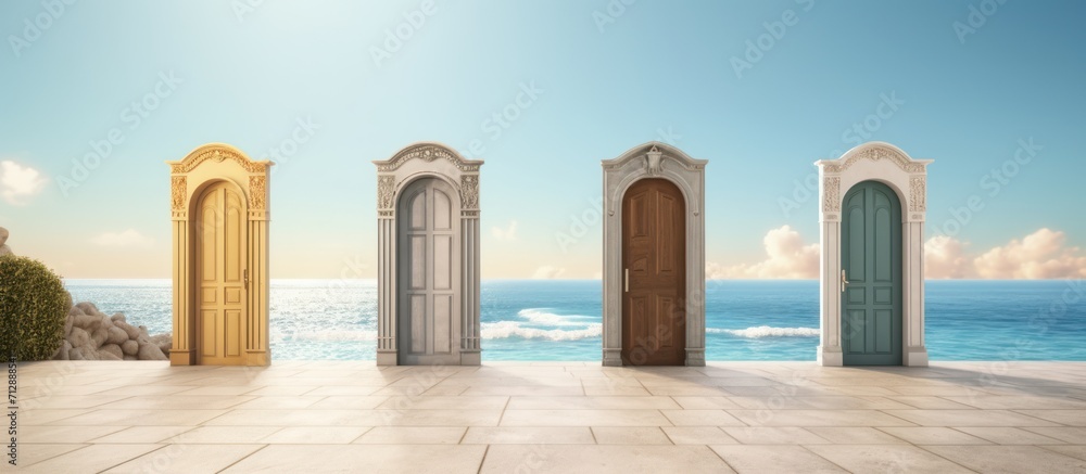 illustration of a door with an outdoor view of the beach. Travel concept - obrazy, fototapety, plakaty 