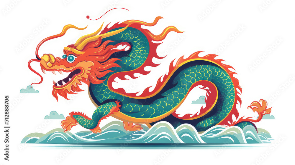 vivid chinese dragon illustration soaring over clouds, isolated white background. perfect for lunar new year celebrations and themed decorative backgrounds