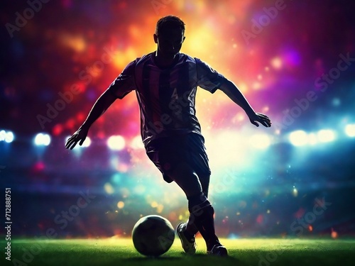 silhouette of a soccer player, with a colorful light background. design for poster, web, flyer, social media. ai generative design