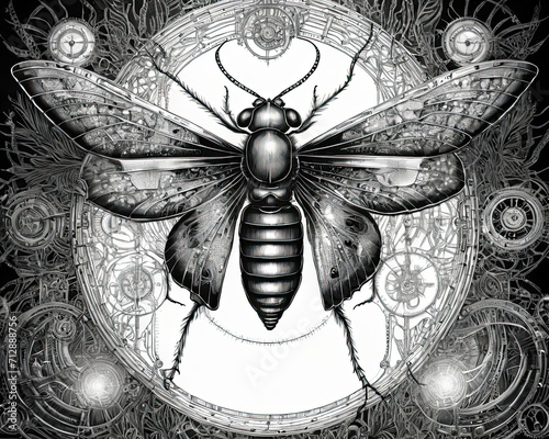 Hypnotic Psychedelic Self-Discovery - Intricate pen and ink drawing of insects, adam and eve, mortality, and flickering lights illuminating endless corridors with steampunk metallics Gen AI photo