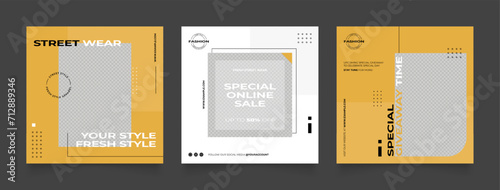 Social media template banner blog street wear fashion sale promotion. fully editable instagram and facebook square post frame puzzle organic sale poster. yellow white black vector background