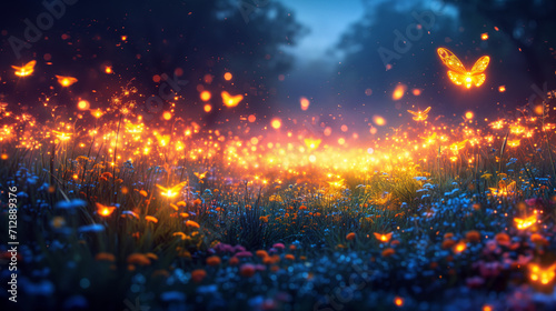 Glowing fireflies hover above a mystical meadow