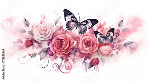 illustration Watercolor rose peony Geometric line butterfly flower Paisley. generative ai photo
