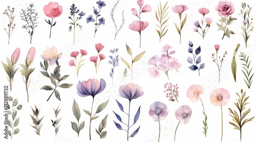 illustration Pink and blue flowers, leaves watercolor flower clip art. generative ai photo