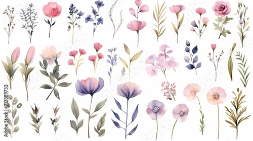 Fototapeta Naklejka Na Ścianę i Meble -  illustration Pink and blue flowers, leaves watercolor flower clip art. generative ai