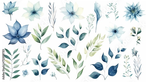 Fototapeta Naklejka Na Ścianę i Meble -  illustration Pink and blue flowers, leaves watercolor flower clip art. generative ai