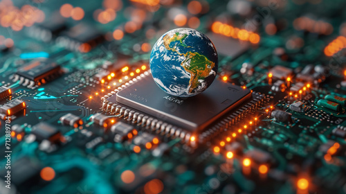 A vivid portrayal of the active world trade and the bustling global electronics market. Diverse elements symbolize the interconnected networks shaping the modern world economy. photo