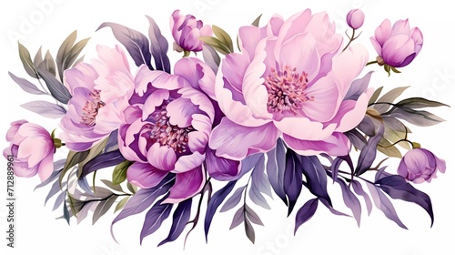 Watercolor illustration of purple flowers, flower clip art. Bouquet of peonies. generative ai photo