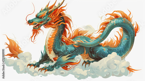 colorful and spirited chinese dragon in flight among clouds  isolated white background. perfect for cultural event posters  invitations  and educational resources