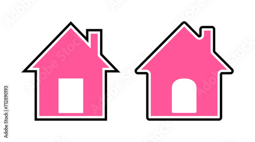 Black and pink home flat icon set vector. House building outline icon illustration isolated on white background.