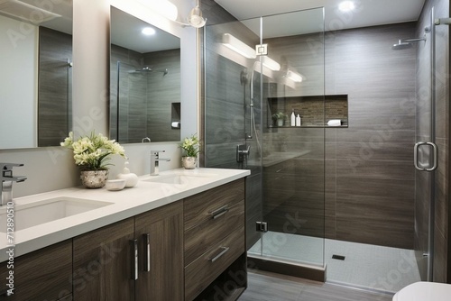 Contemporary washroom with spacious shower, wood cabinet, double basin, and twin mirrors. Generative AI