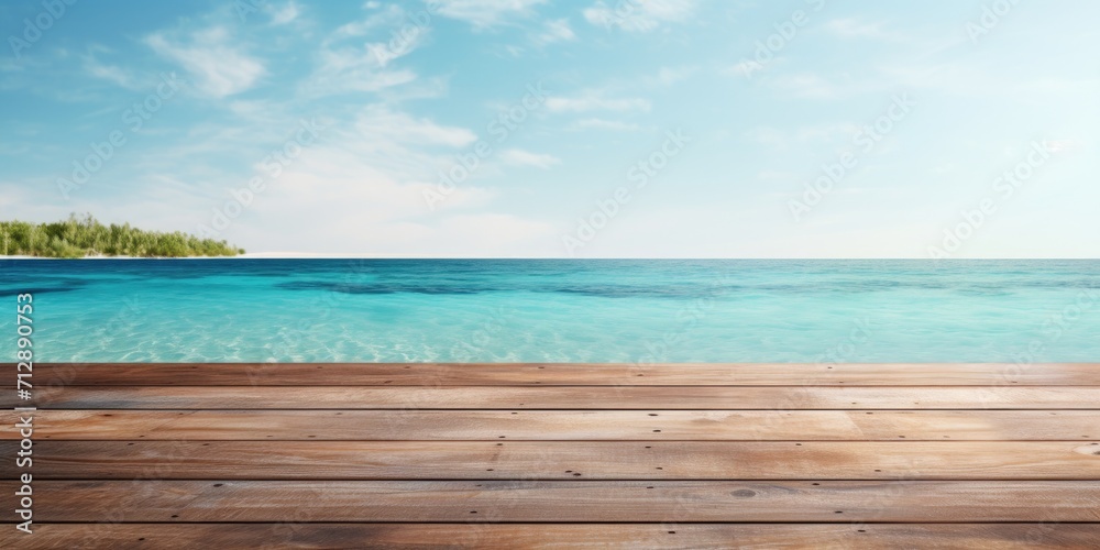 Vacation concept: Wood table at seaside resort with space for product display mockup.