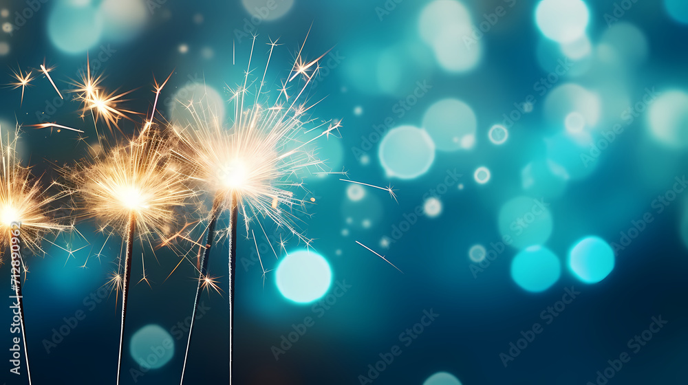 Fototapeta premium Happy New Year, burning fireworks with bokeh light background