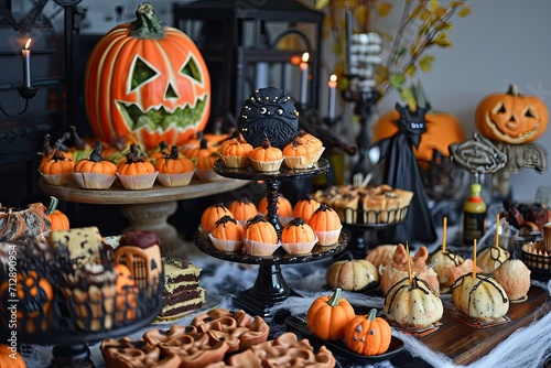 A spooky Halloween dessert table with themed treats and decorations Halloween cupcake © PinkiePie