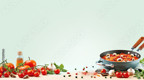 Fresh Ingredients and Cookware Set Up for a Culinary Session in a Bright Kitchen