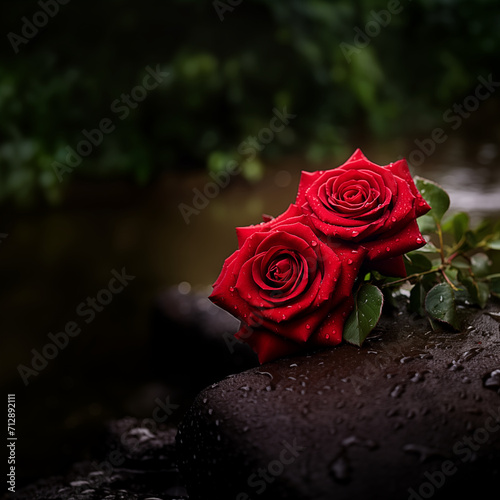 Two red roses with water droplets