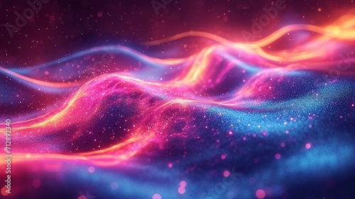 Shimmering, curved neon wave in 3D. Iridescent against a rich, colorful abstract background. Lifelike HD quality.
