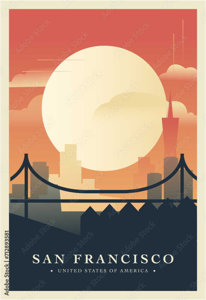 San Francisco city brutalism poster with abstract skyline, cityscape. USA California state retro vector illustration. US travel cover, brochure, flyer, leaflet, presentation template, layout image San Francisco city brutalism poster with abstract skyline, cityscape. USA California state retro vector illustration. US travel cover, brochure, flyer, leaflet, presentation template, layout image