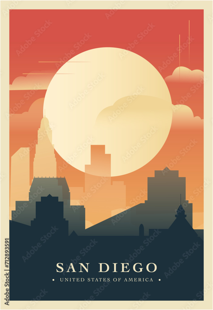 Obraz premium San Diego city brutalism poster with abstract skyline, cityscape. USA California state retro vector illustration. US travel front cover, brochure, flyer, leaflet, presentation template, layout image