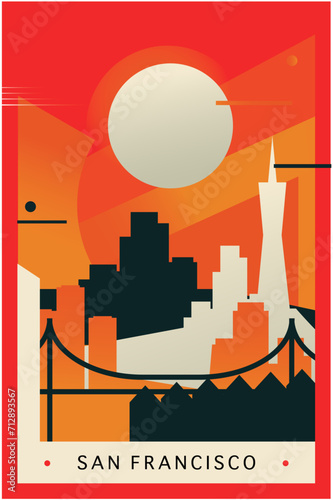 San Francisco city brutalism poster with abstract skyline, cityscape. USA California state retro vector illustration. US travel cover, brochure, flyer, leaflet, presentation template, layout image