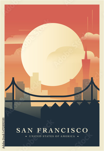 San Francisco city brutalism poster with abstract skyline, cityscape. USA California state retro vector illustration. US travel cover, brochure, flyer, leaflet, presentation template, layout image