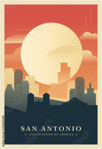 San Antonio city brutalism poster with abstract skyline, cityscape. USA Texas state retro vector illustration. US travel front cover, brochure, flyer, leaflet, presentation template, layout image