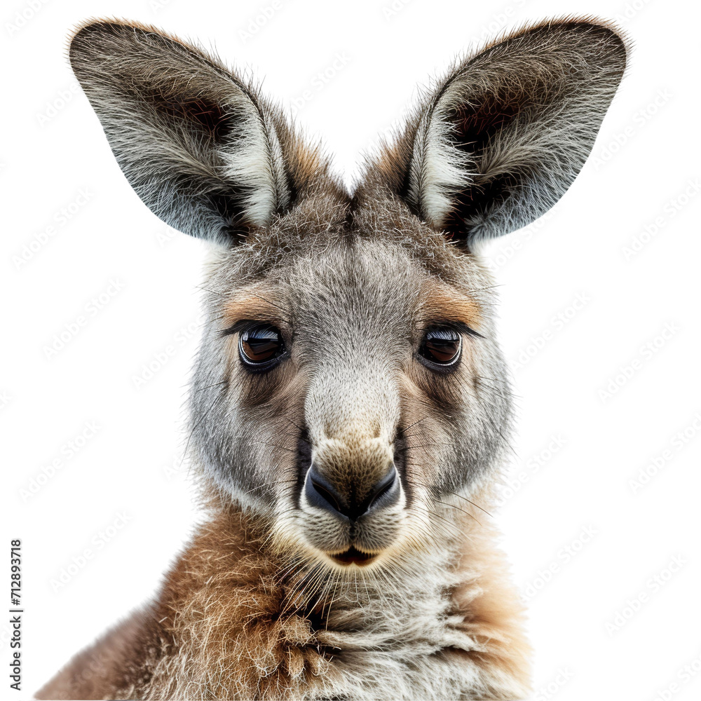 Kangaroo Face Shot Isolated on Transparent or White Background, PNG