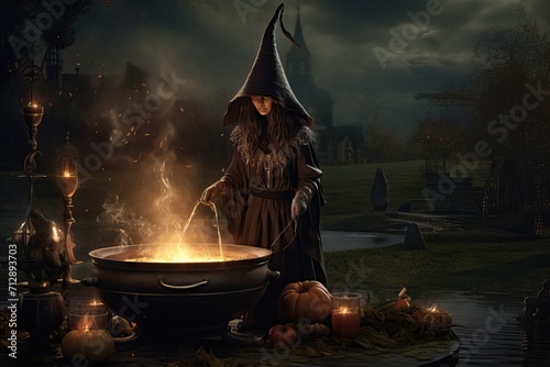 Cute cartoon witch brews a potion in a cauldron, around a candle, pumpkin on a dark background photo