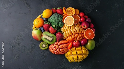Brain with fruits  concept of healthy living and eating healthy food