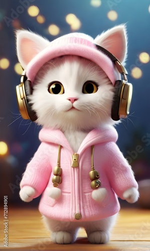 Adorable fluffy white kitten wearing gold-colored headphones. Generative AI