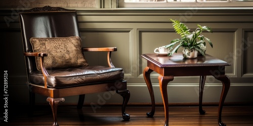 Antique chair and old tea tray table in a historic colonial American house interior. © Sona