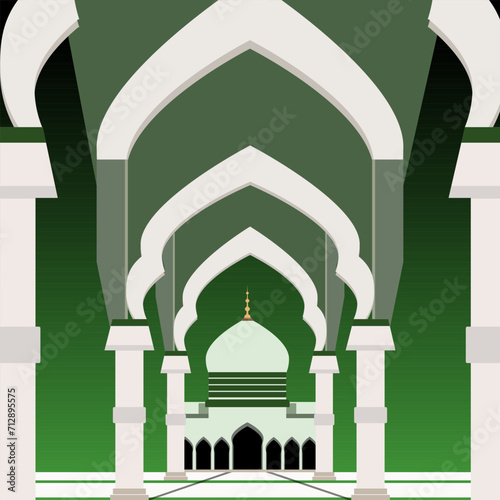 A stylized illustration of a mosque with arches and pillars