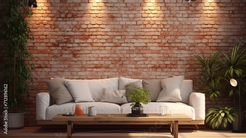 Living room interior design with bricks walls  wooden floor  white sofa and table. Created with Ai