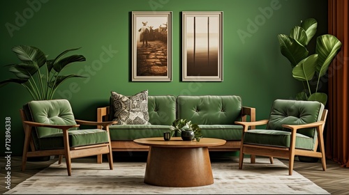 Modern living room with green walls, green sofa, arm chairs, posters, wooden table and plants. Created with Ai
