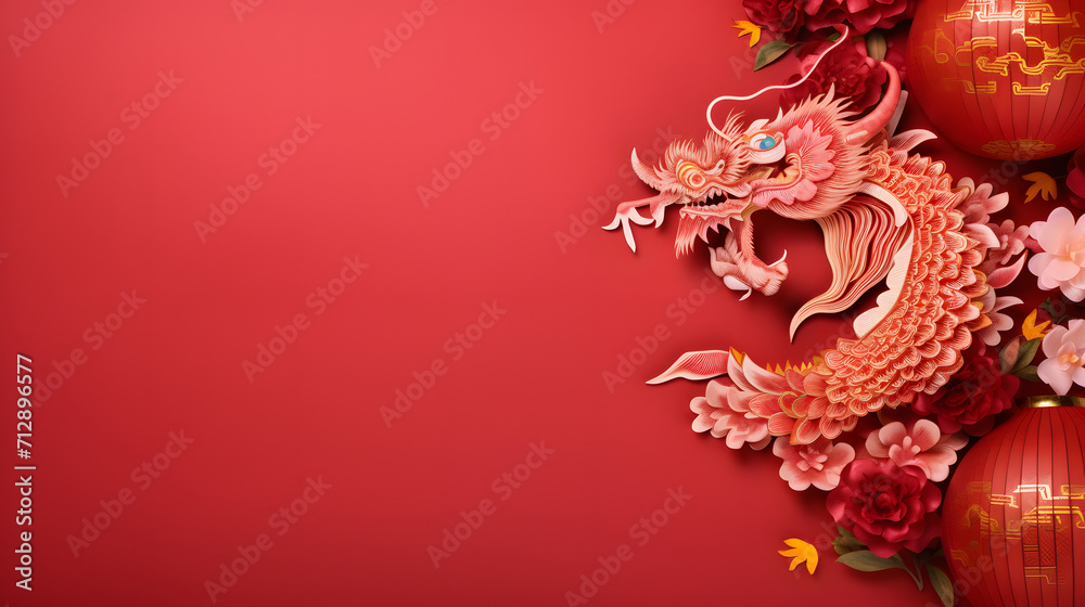 red paper chinese dragon on red paper, space for text