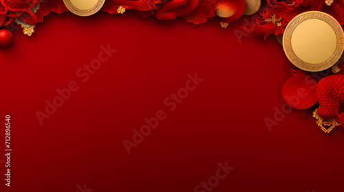 Chinese New Year banner with big blank space for text, red background, lanterns, dragon, gold coins