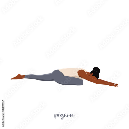 Woman doing Pigeon Pose or Eka Pada Rajakapotasana Yoga pose. Flat vector illustration isolated on white background