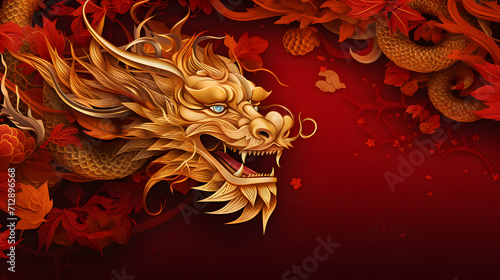 golden chinese dragon on red color background