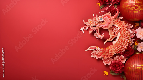 red paper chinese dragon on red paper  space for text