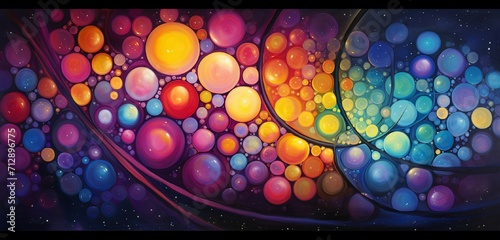 Soft, glowing circles in a kaleidoscope of radiant colors, overlapping and blending into each other on a dark canvas. The effect should be both soothing and visually stimulating. photo