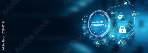 Inscription MOBILE APPS DEVELOPMENT on the virtual display. Cloud technology concept. 3d illustration