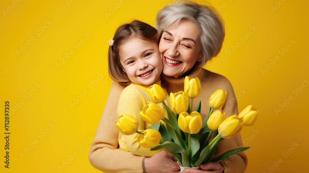 A cute little girl congratulates her grandmother and gives her a bouquet of tulip flowers on a yellow background. Happy family holiday, women's Day. A cute little girl congratulates her grandmother and gives her a bouquet of tulip flowers on a yellow background. Happy family holiday, women's Day.