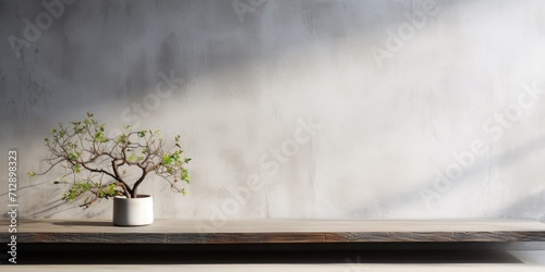 Product display background with white wooden table and tree shadow on concrete wall texture. Suitable for presentation and mock-ups.