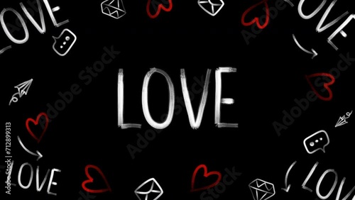 Love font handwriting. 4K Font animated sketches. Seamless love pattern for happiness, love, Valentine's Day, wallpaper, black background. Modern typography with hearts.