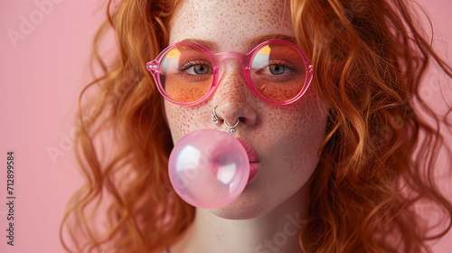 portrait of a strong and feminine red head young woman, early 30s, freckle, septum nose ring, blowing huge sticky bubble gum, wearing neon goggles