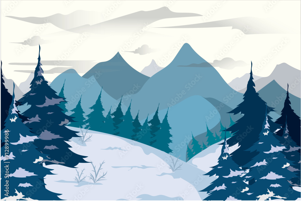 Winter illustration of mountainous area and fir trees, snowy area vector
