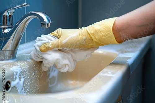 A gloved hand is scrubbing the sink photo