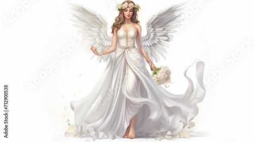 illustration of a very beautiful heavenly angel, very white skinned, dressed in a white wedding dress, wearing a flower crown, standing upright wearing glass shoes without a background, Generate AI